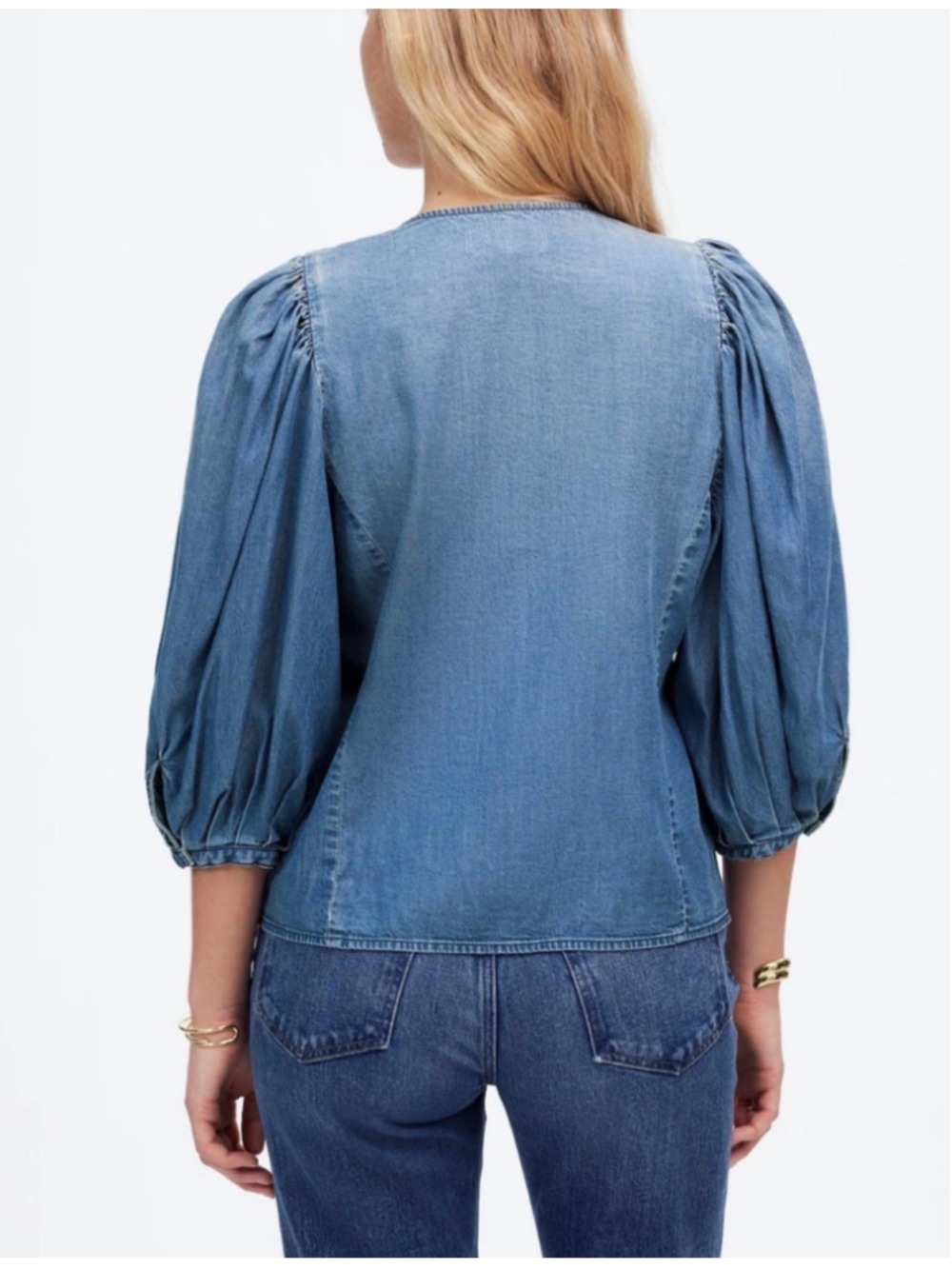 Women's Madewell Denim Blouse Size 2 Blue Puff Sleeve Button Down - Picture 3 of 10